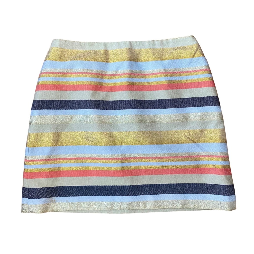 J.Crew Metallic Striped Mini Skirt Gold Coral Navy Size 8 Festive Holiday A-Line